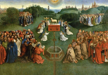 Wizja adoracji Baranka,  opisana w rozdziałach  4, 5 i 14 Apokalipsy św. Jana, z Ołtarza Gandawskiego autorstwa Huberta i Jana van Eycków.