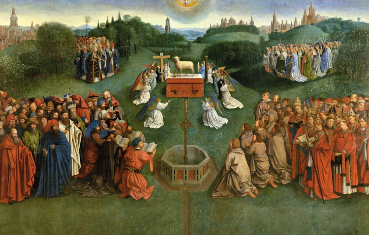 Wizja adoracji Baranka,  opisana w rozdziałach  4, 5 i 14 Apokalipsy św. Jana, z Ołtarza Gandawskiego autorstwa Huberta i Jana van Eycków.