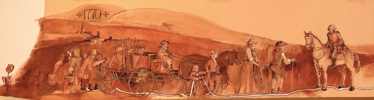 „Przeprowadzka” Kozian  na polichromii  w ewangelickim kościele Świętej Trójcy w Hołdunowie.