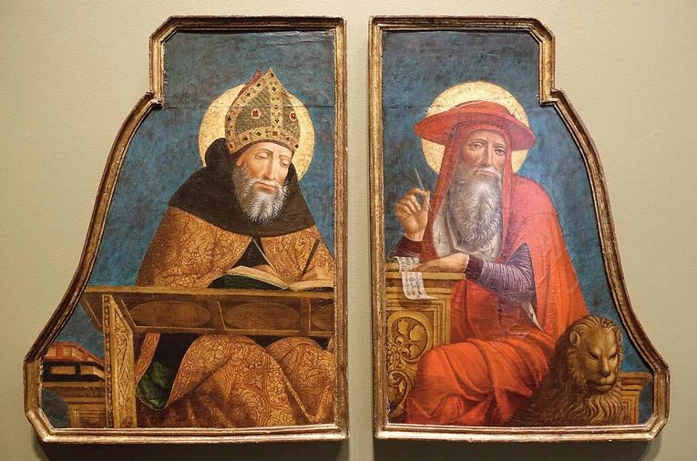 „Święty Augustyn  i Święty Hieronim”,  Giovanni Ambrogio  Bevilacqua,  Mediolan; tempera  i złocenie na desce.  Blanton Museum of Art,  Austin (Teksas).