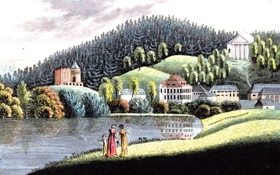 Park pałacowy w Bukowcu. Akwaforta kolorowana, Franz Stadler 1810.