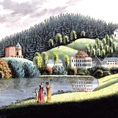 Park pałacowy w Bukowcu. Akwaforta kolorowana, Franz Stadler 1810.