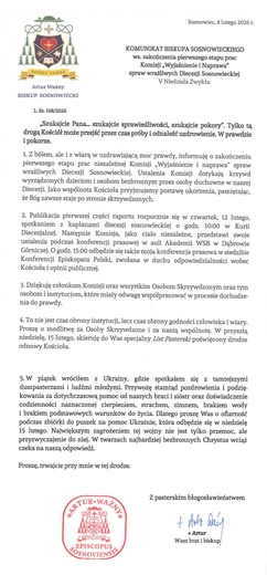 Zakończył się pierwszego etapu prac Komisji „Wyjaśnienie i Naprawa” spraw wrażliwych Diecezji Sosnowieckiej. Publikujemy komunikat biskupa Artura Ważnego