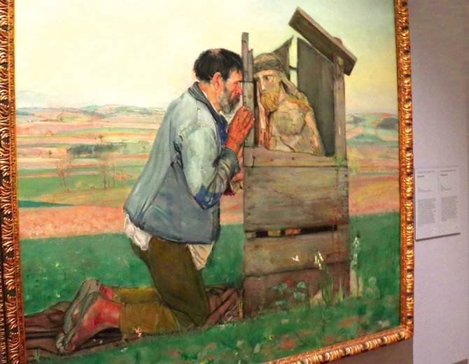 Wlastimil Hofman, „Spowiedź”, 1905 r. Artysta namalował ten obraz na podstawie zaobserwowanej na Podhalu sceny.