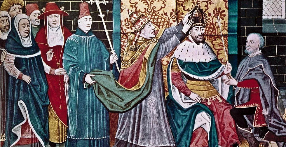Koronacja Karola Wielkiego na cesarza przez papieża Leona III,  miniatura z Grandes Chroniques de France, Francja, XIV w., autor nieznany.