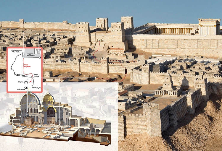 Makieta Jerozolimy, pokazująca jak miasto wyglądało około 60 r. n.e., kiedy ukończono już, rozpoczętą przez króla Heroda Wielkiego, przebudowę Świątyni Po lewej: Nie ma już w Jerozolimie wzgórza Golgota, na którym ukrzyżowano Jezusa. Kryje je bazylika z Grobem Pańskim, który znajduje się ok. 20 m od Kalwarii 