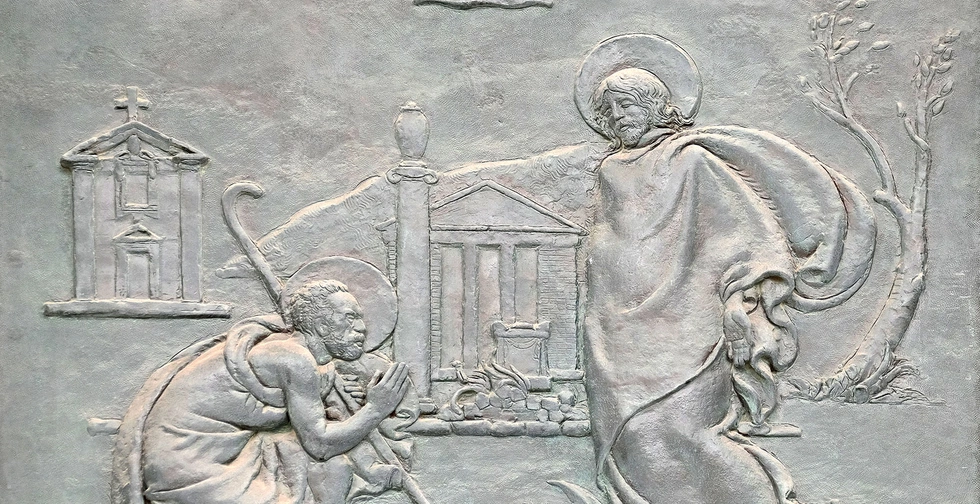 Spotkanie Piotra z Jezusem na Via Appia Antica – głównej drodze prowadzącej do Rzymu (fragment zdobienia drzwi Bazyliki św. Pawła za Murami).