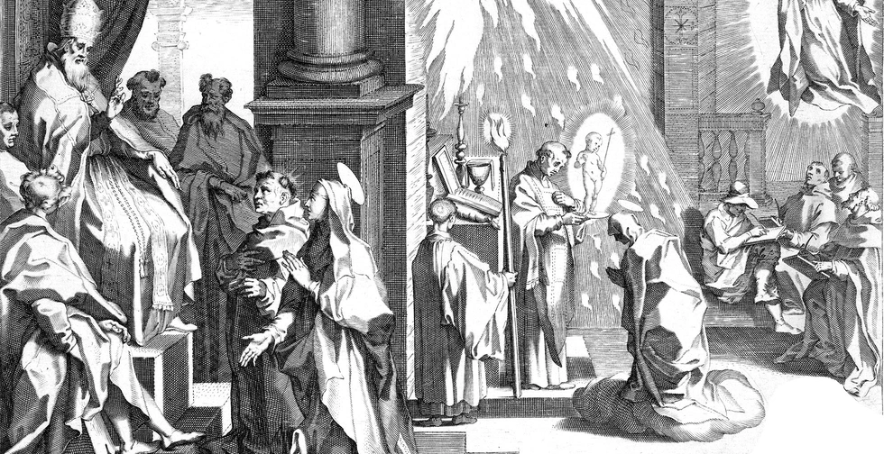 Trzy sceny z życia św. Katarzyny ze Sieny, która w mrocznych czasach przyczyniła się do odnowy Kościoła i autorytetu papiestwa. Od lewej: Katarzyna prosi papieża Grzegorza XI o powrót z Awinionu do Rzymu; podczas Mszy św. Chrystus ukazuje się Katarzynie jako mały chłopiec, Katarzyna ukazuje się uczonym.